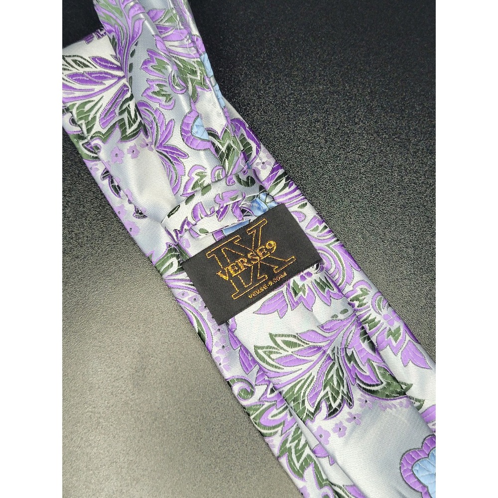 Verse 9 Necktie Pocket Square Set Purple Blue Gray Floral Scroll Good